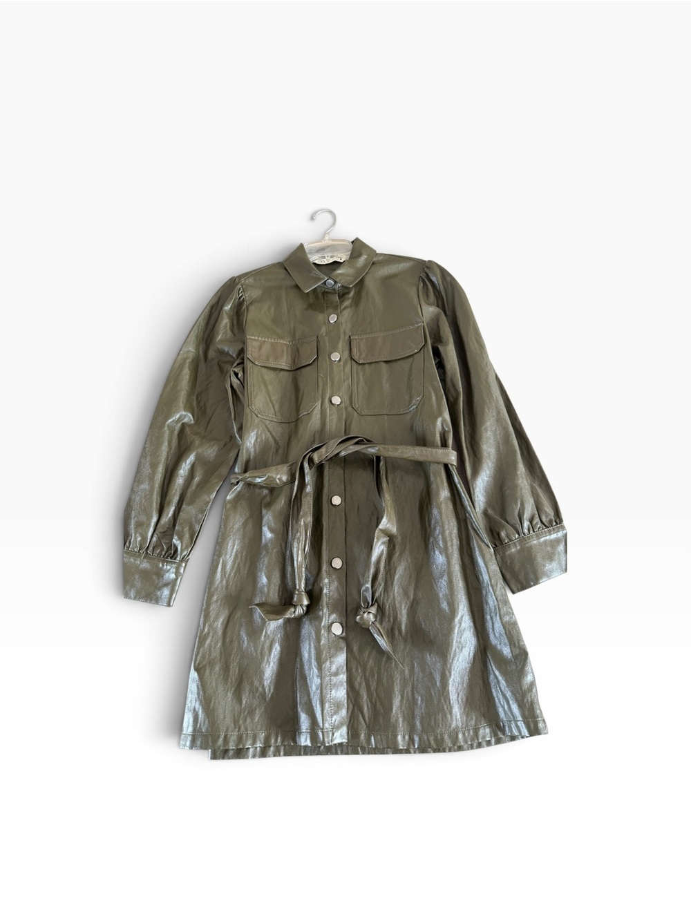 Zara Olive Faux-Leather Shirt Dress Jacket with Tie Belt Sz M